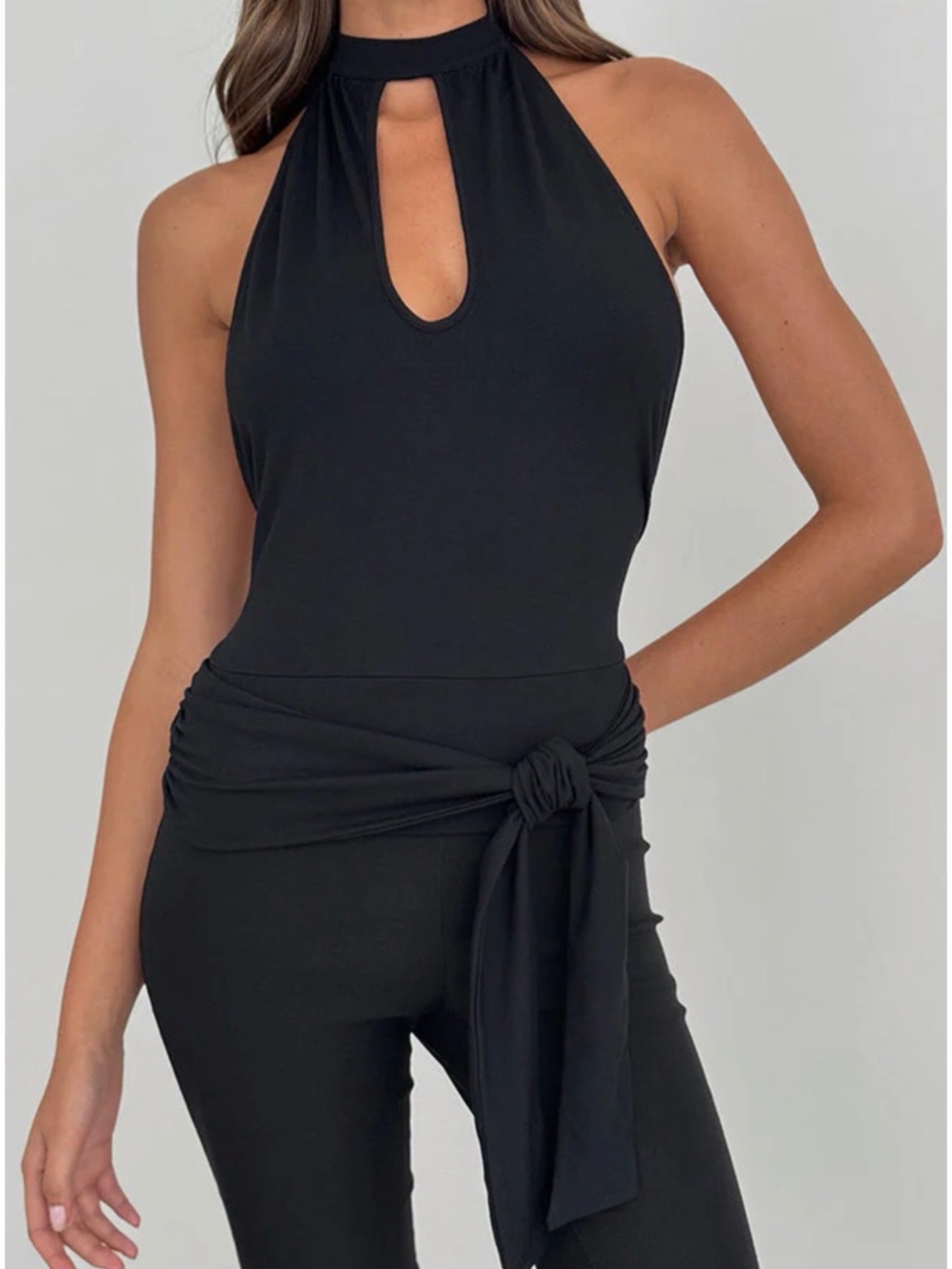Motel Rocks Black Halter Keyhole Jumpsuit with Waist Tie